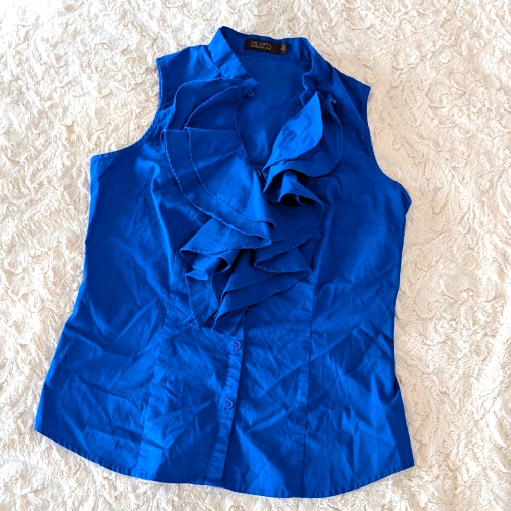 The limited blue ruffle neck sleeveless top size Small